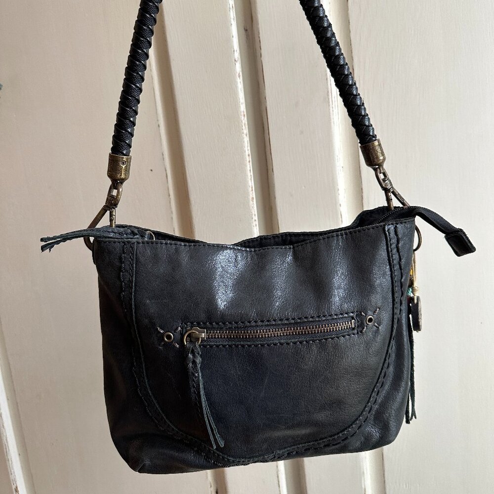 The Sak Indio Black Leather Shoulder Bag Purse Braided Strap